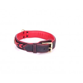 Braided Leather Dog Collar with Red Nappa Padding and Brass Decorations