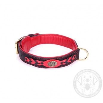 Braided Leather Dog Collar with Red Nappa Padding and Brass Decorations