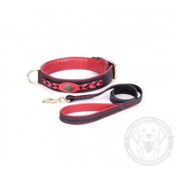 Exclusive Leather Dog Collar and Leash Set with red padding