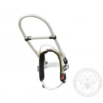 White Assistant Nylon Dog Harness with yellow padding for Guide Labrador