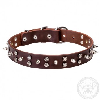 3 Rows Leather Dog Collar with Nickel Spikes