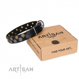 Black Leather Dog Collar with Circles "Romantic Breeze"