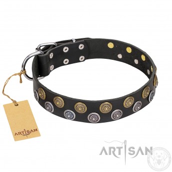 Black Leather Dog Collar with Circles "Romantic Breeze"