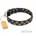 Black Leather Dog Collar with Circles "Romantic Breeze" Artisan FDT