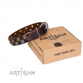 Brown Artisan Leather Dog Collar "Strong Shields"