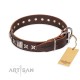 Brown Leather Dog Collar with Silvery Studs "Perfect Impression"