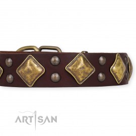 Rhombs and Stauds Design Leather Dog Collar "Golden Squares" von FDT Artisan