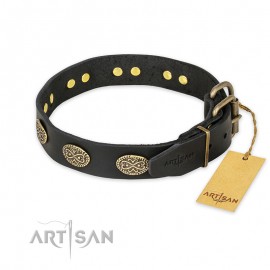 Black Leather Dog Collar with exclusive Decorations "Vintage Attraction"