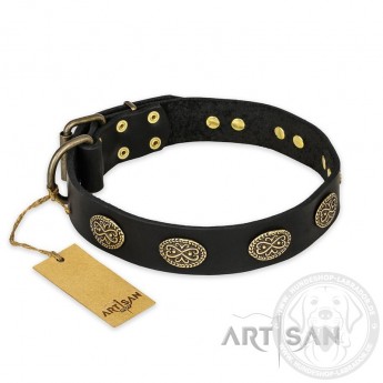 Black Leather Dog Collar with exclusive Decorations "Vintage Attraction"