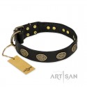 Black Leather Dog Collar with exclusive Decorations "Vintage Attraction"